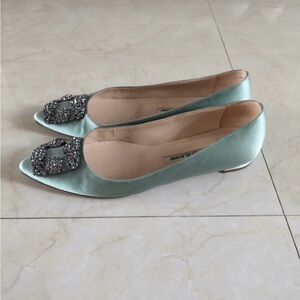 Manolo Blahnik
Hangisi Satin Flats with Embellished Buckle